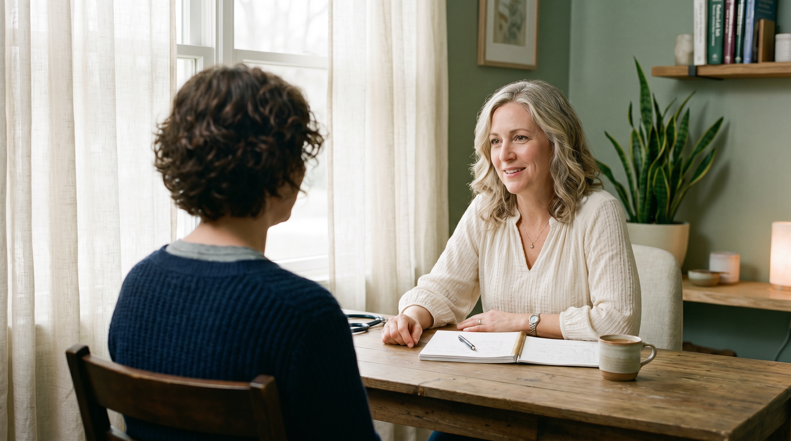 Nathalie, APRN, meeting with a patient in a warm, welcoming clinical office