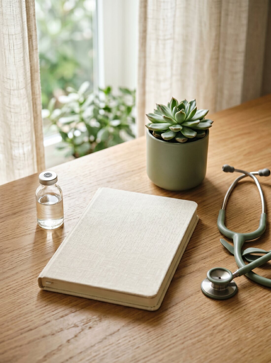 A clean clinical desk with a lab vial and notebook representing comprehensive hormone lab testing