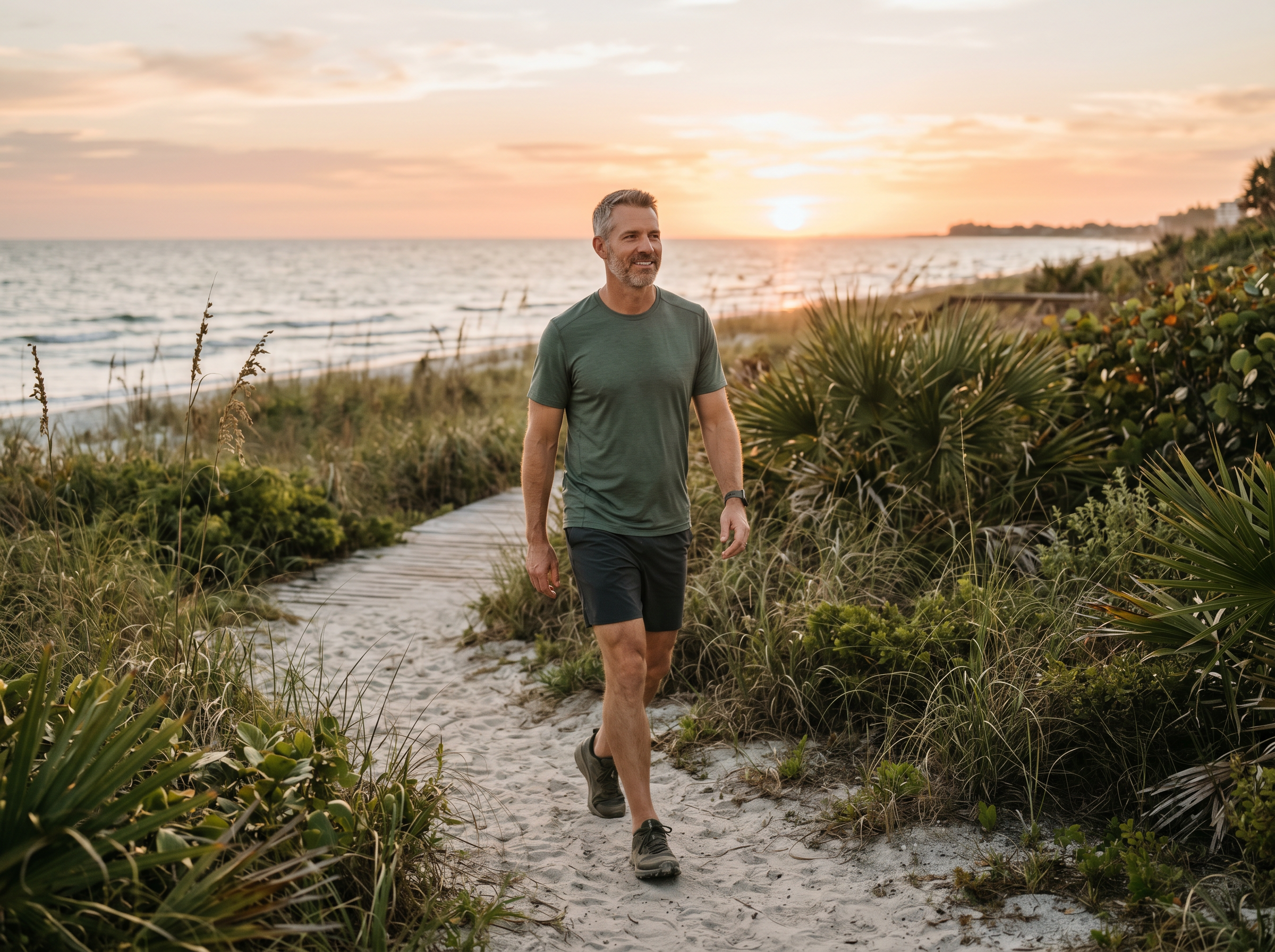 A man walking a Florida beach path at sunset, representing hormone therapy for men