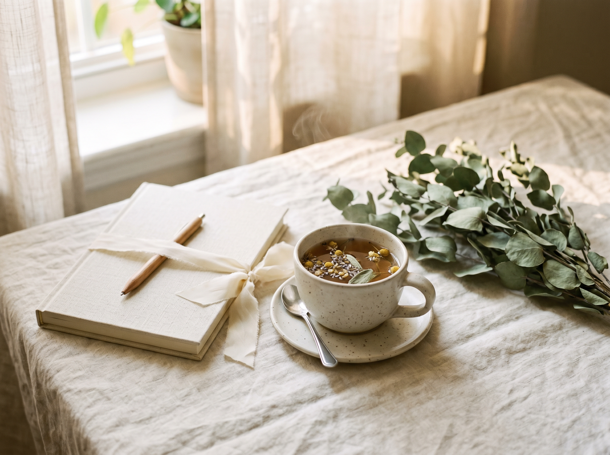 A calm journal and herbal tea on linen, evoking the reflective journey through perimenopause