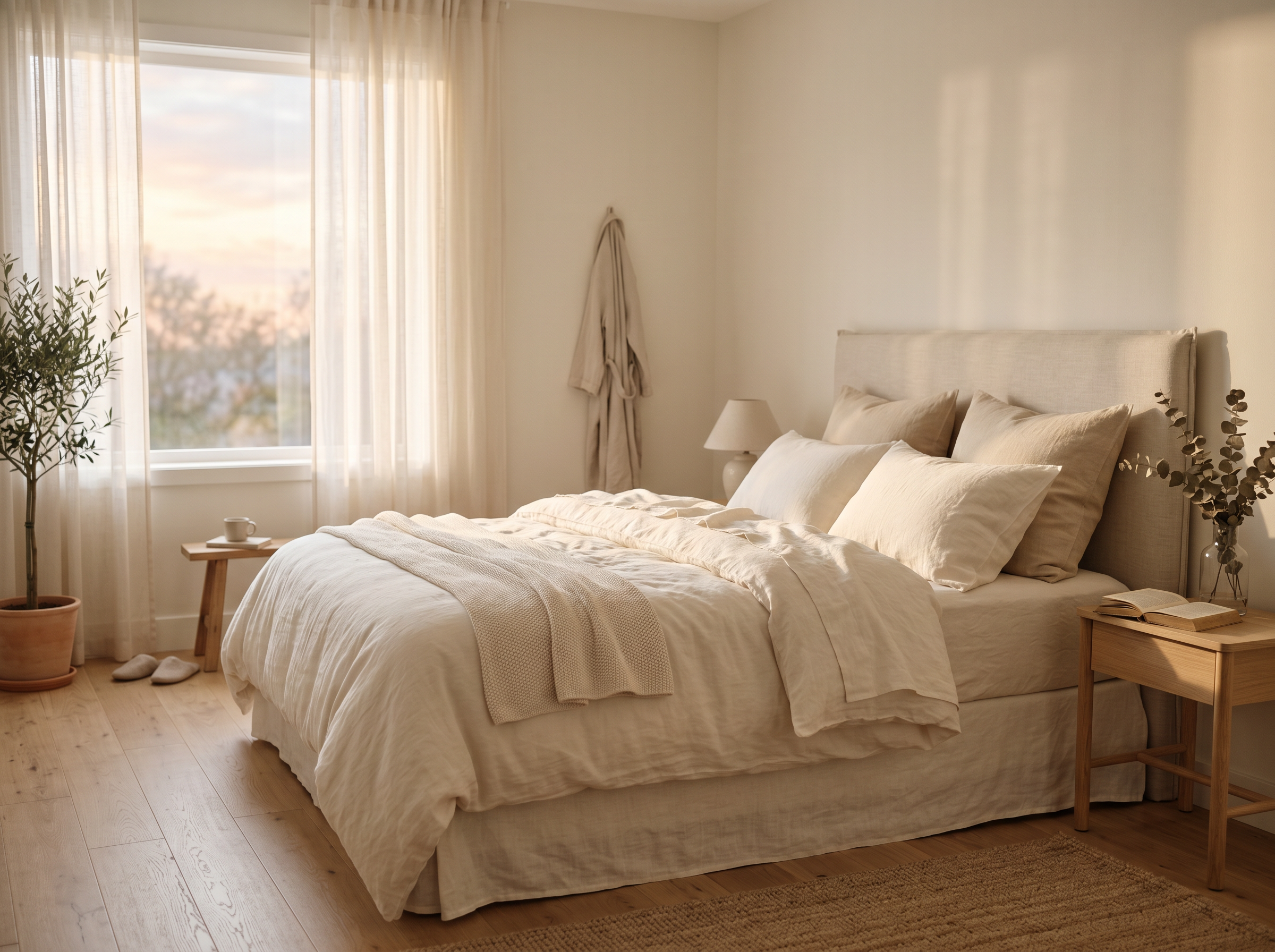 A calm cream-colored bedroom at dawn representing the role of hormones in sleep quality