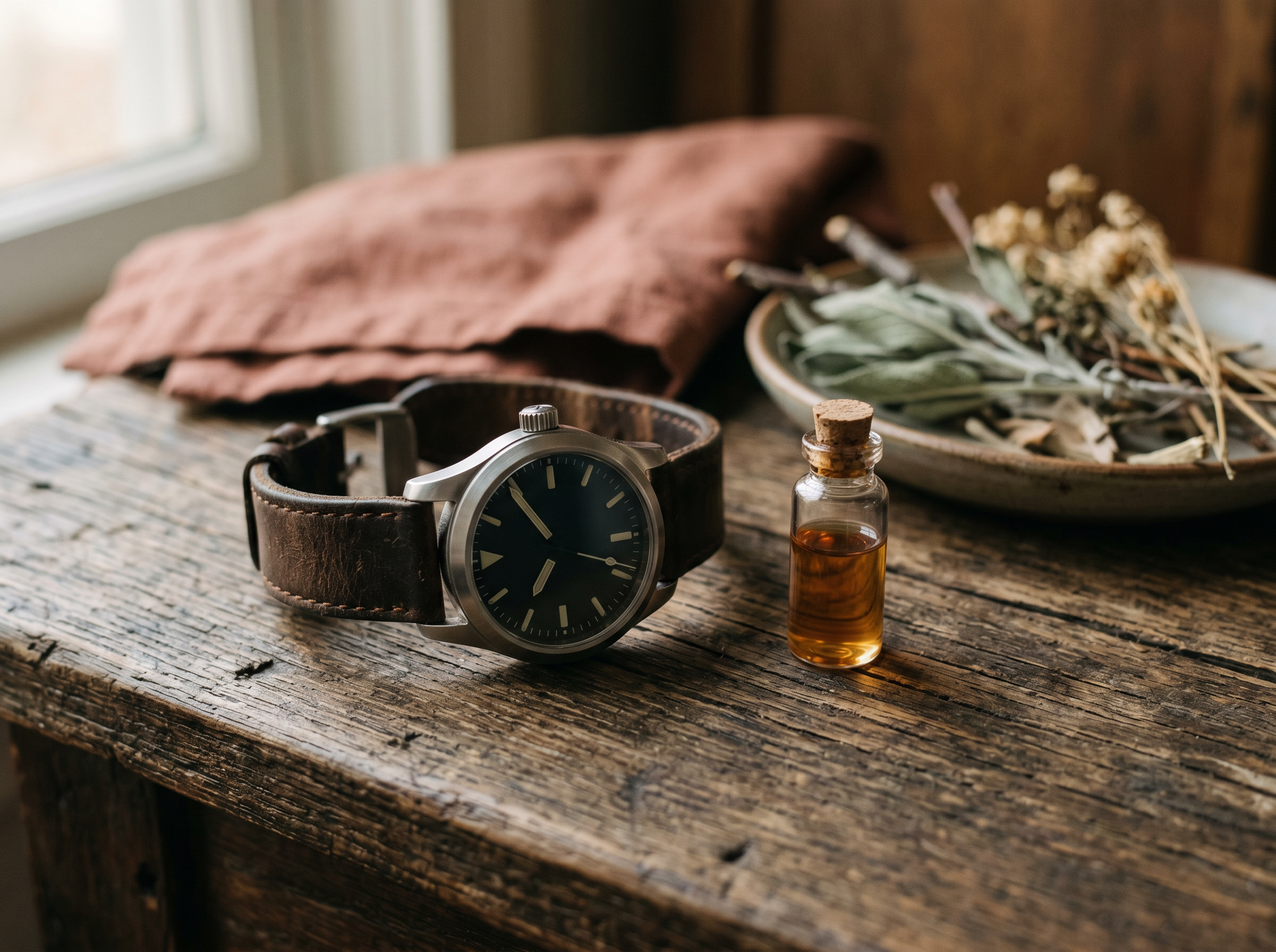 A watch and a medical vial on a wooden surface, representing testosterone replacement therapy